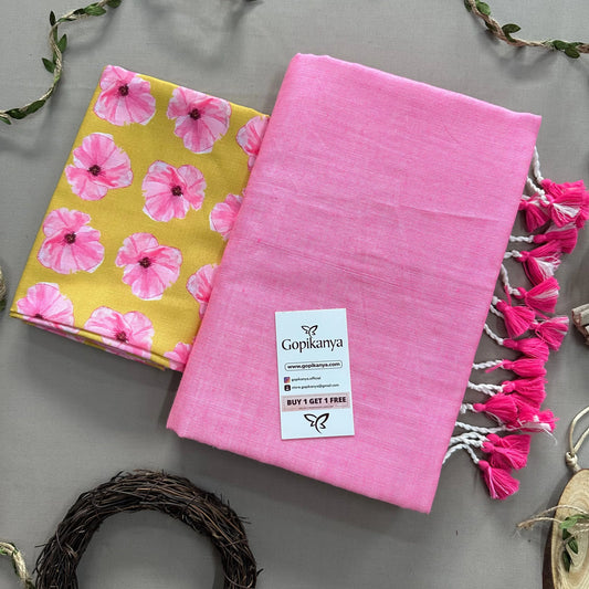 Baby Pink Handloom Cotton Saree With Flower Printed Blouse