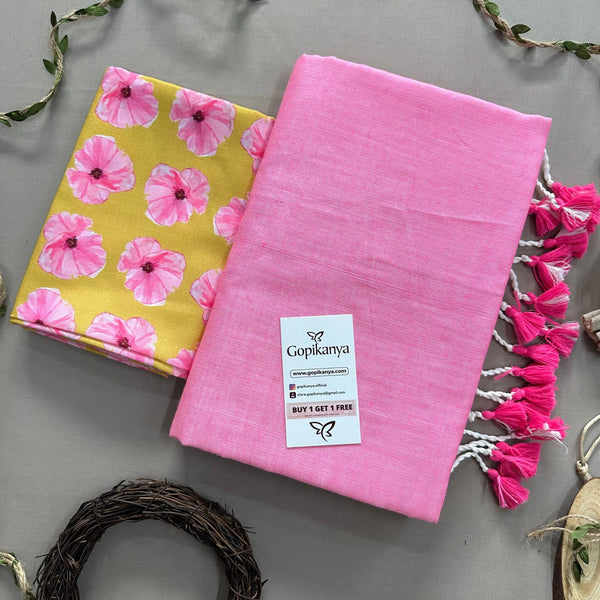 Baby Pink Khadi Cotton Saree With Flower Printed Blouse