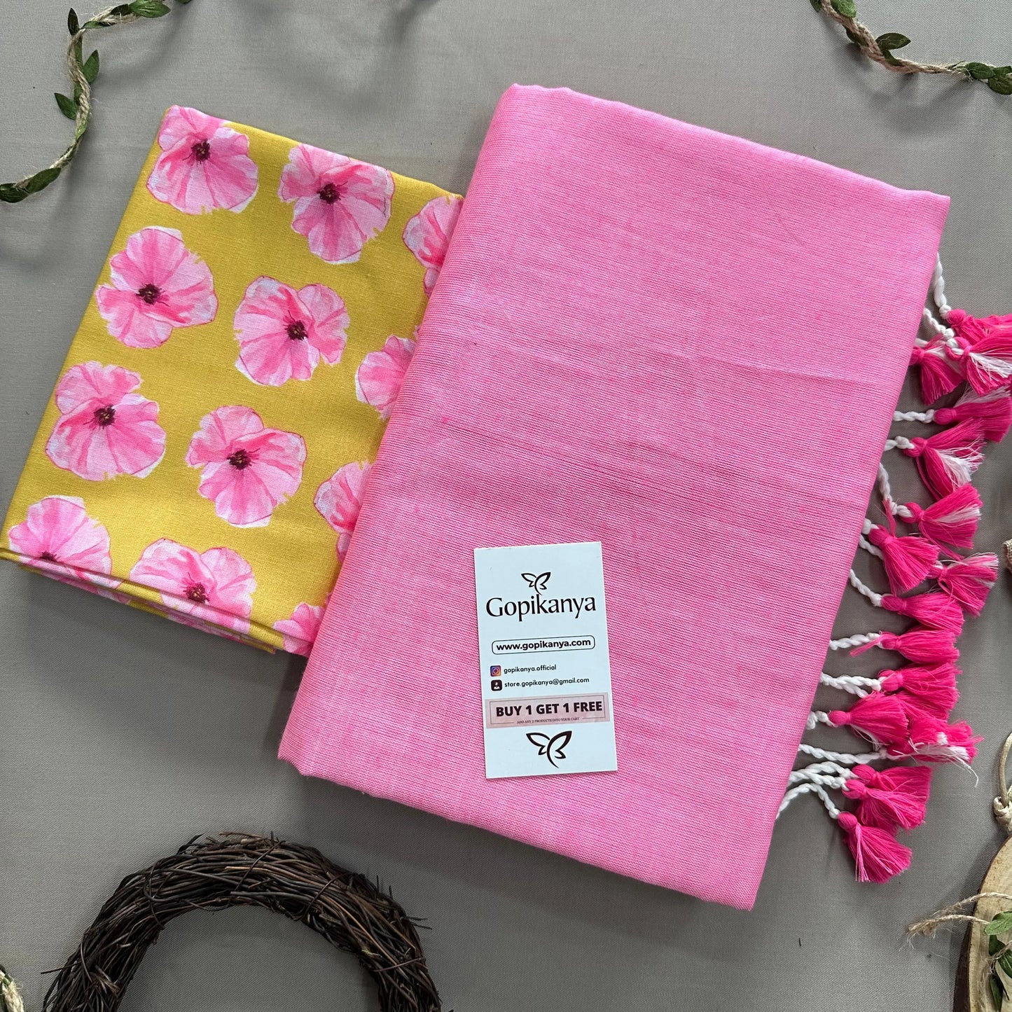 Baby Pink Handloom Cotton Saree With Flower Printed Blouse