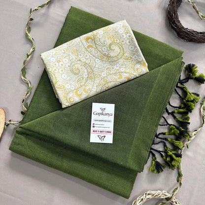 Mehndi Green Handloom Cotton Saree With Mango Printed Blouse