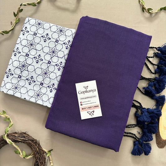 Purple Handloom Cotton Saree With Embrodery Work  Blouse