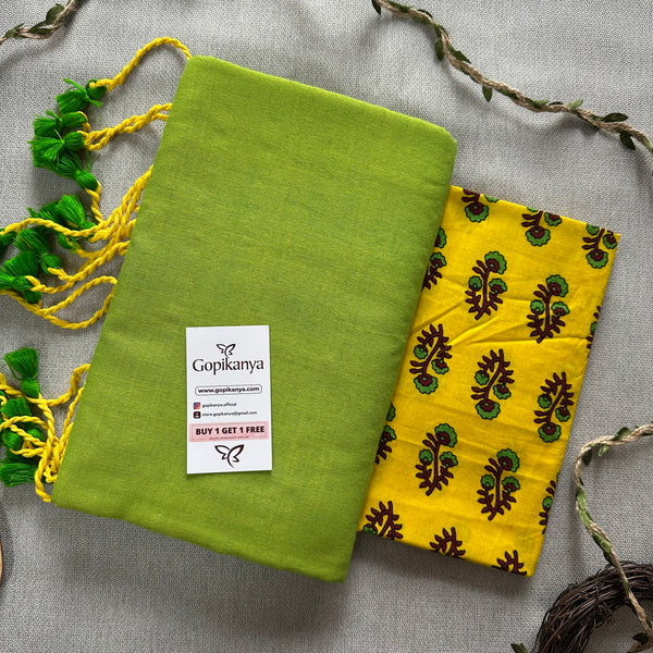 Perrot Green Khadi Cotton Saree With Yellow Leaf Printed Blouse