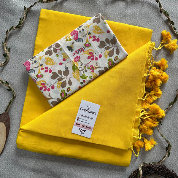 Yellow Khadi Cotton Saree With  Flower Printed Blouse