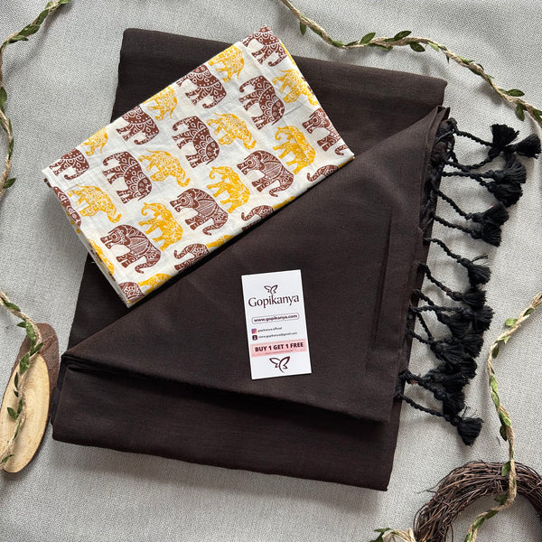 Brown Handloom Cotton Saree With  Elephant Printed Blouse