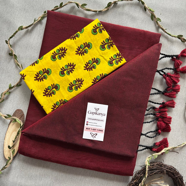 Maroon Handloom Cotton Saree With  Yellow Leaf Printed Blouse