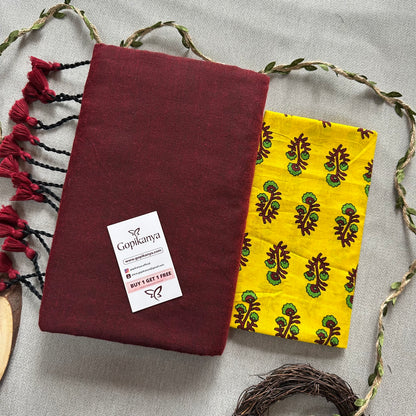 Maroon Handloom Cotton Saree With  Yellow Leaf Printed Blouse