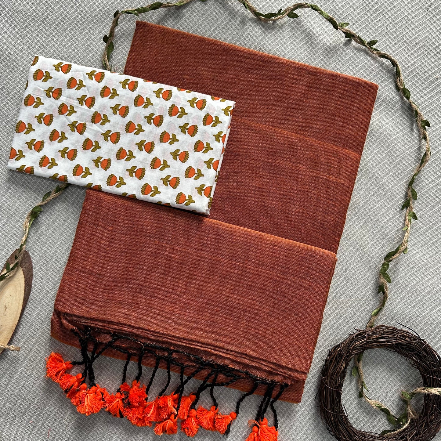 Orange Handloom Cotton Saree With Leaf Printed Blouse