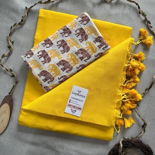 Yellow Handloom Cotton Saree With Elephant Printed Blouse