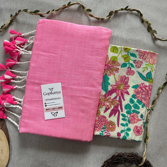 Baby Pink Handloom Cotton Saree With  Multi Color Flower Printed Blouse