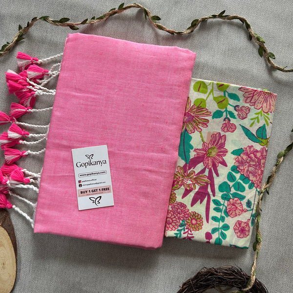 Baby Pink Khadi Cotton Saree With  Multi Color Flower Printed Blouse