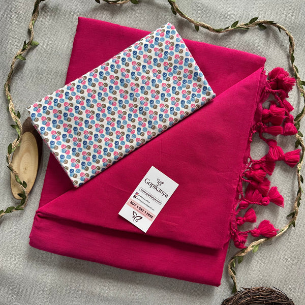 Pink Khadi Cotton Saree With White Multi Color Printed Blouse