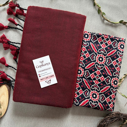 Maroon Handloom Cotton Saree With Patola Printed Blouse