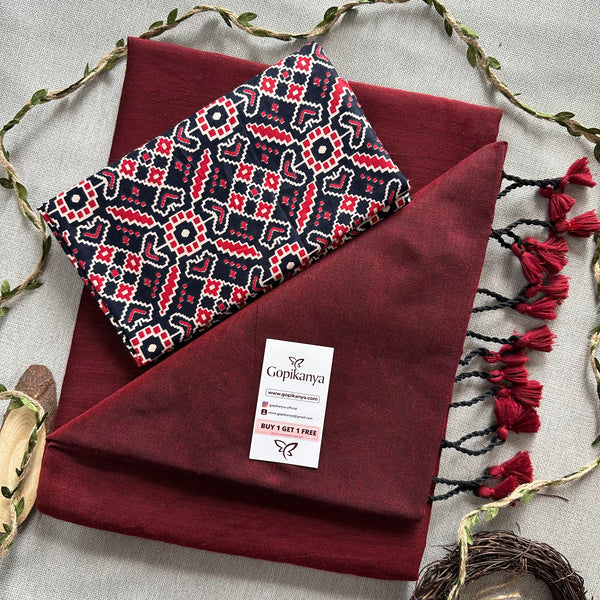 Maroon Khadi Cotton Saree With Patola Printed Blouse