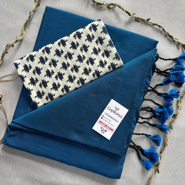 Firoji Handloom Cotton Saree With Blue Flower Printed Blouse