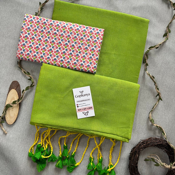 Perrot Green Handloom Cotton Saree With  Multi Color Printed Blouse