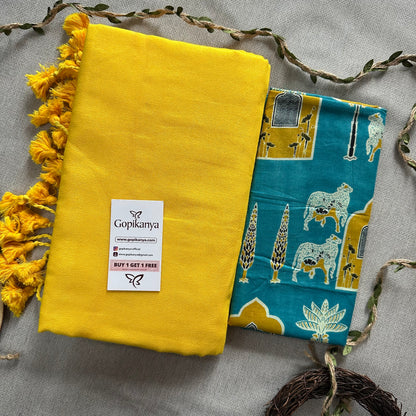 Yellow Handloom Cotton Saree With Sky Printed Blouse