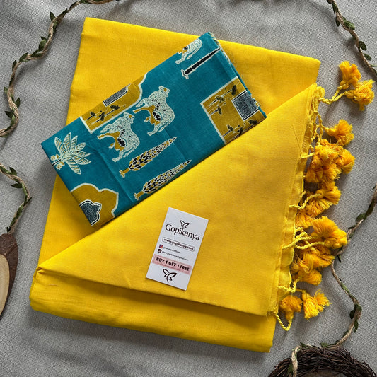 Yellow Handloom Cotton Saree With Sky Printed Blouse