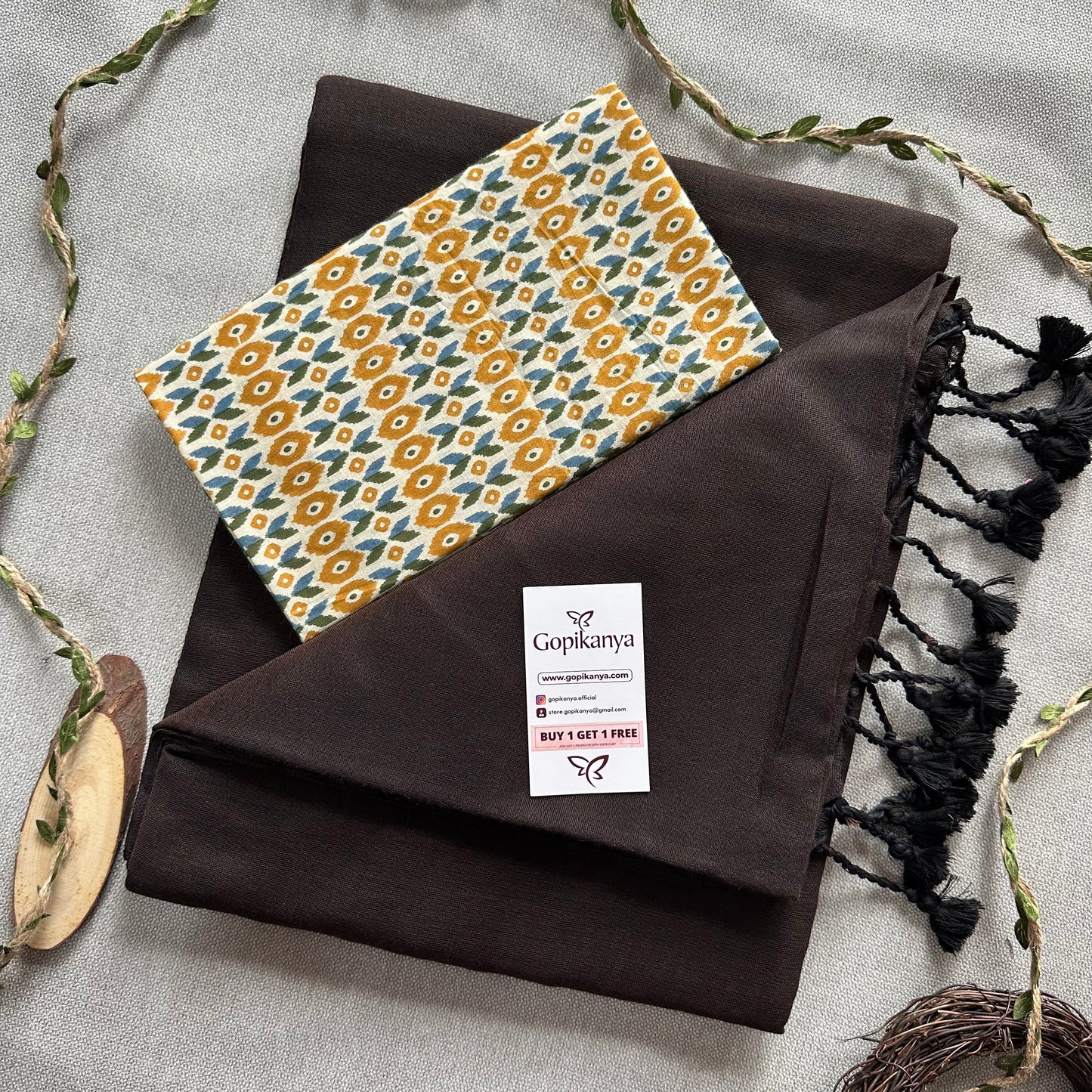 Brown Handloom Cotton Saree With Yellow  Printed Blouse