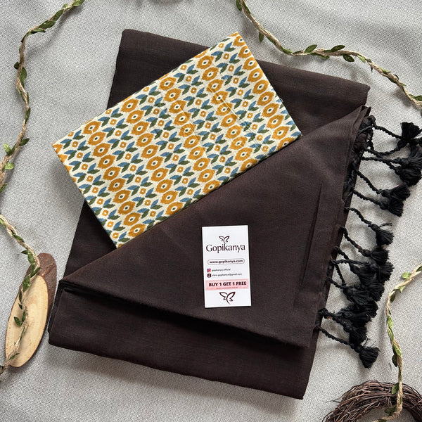 Brown Khadi Cotton Saree With Yellow  Printed Blouse