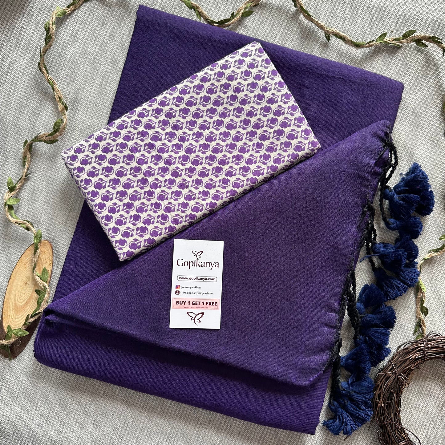 Purple Handloom Cotton Saree With Purple Printed Blouse