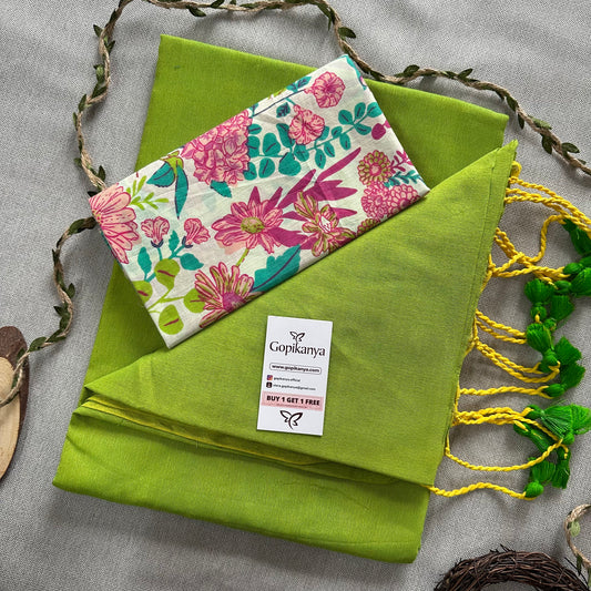 Perrot Green Handloom Cotton Saree With Flower Printed Blouse