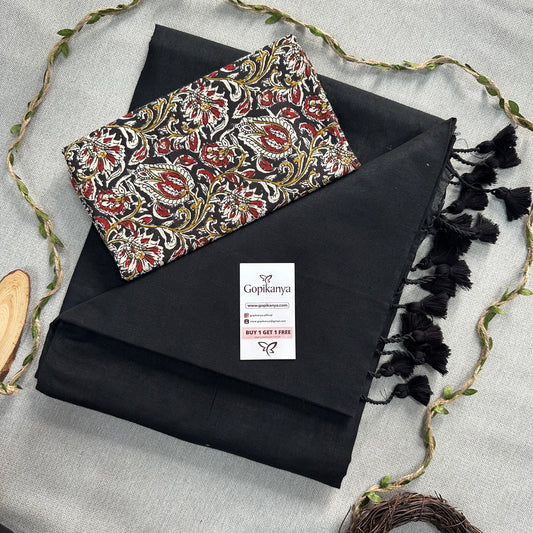 Black Handloom Cotton Saree With Kalamkari Printed Blouse