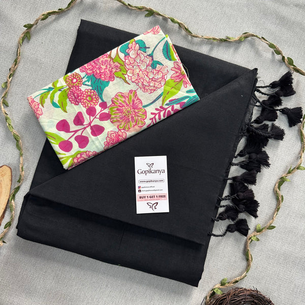 Black Handloom Cotton Saree With Flower Printed Blouse