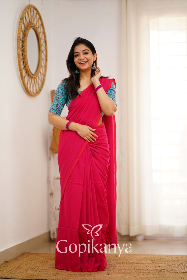 Pink Handloom Cotton Saree With Sky Printed Blouse