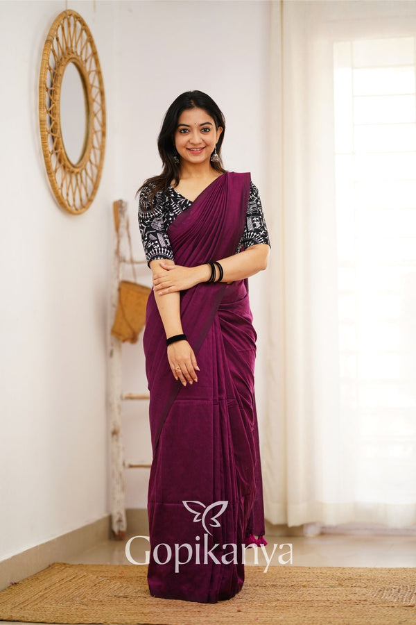 Dark Wine Handloom Cotton Saree With Vani Printed Blouse