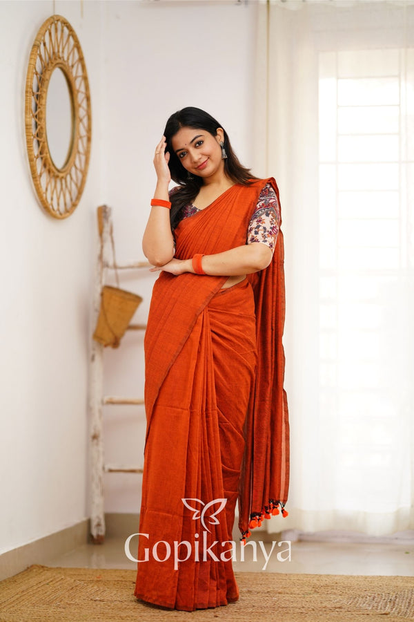 Orange Handloom Cotton Saree With Mango Printed Blouse