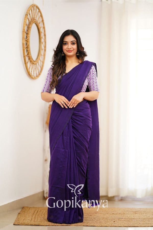 Purple Handloom Cotton Saree With White Printed Blouse