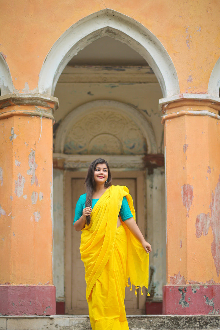 Yellow Khadi Cotton Saree - Gopi Kanya