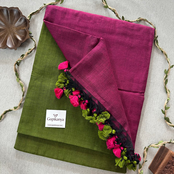 Mehndi Nd Wine Handloom Khadi Cotton Saree