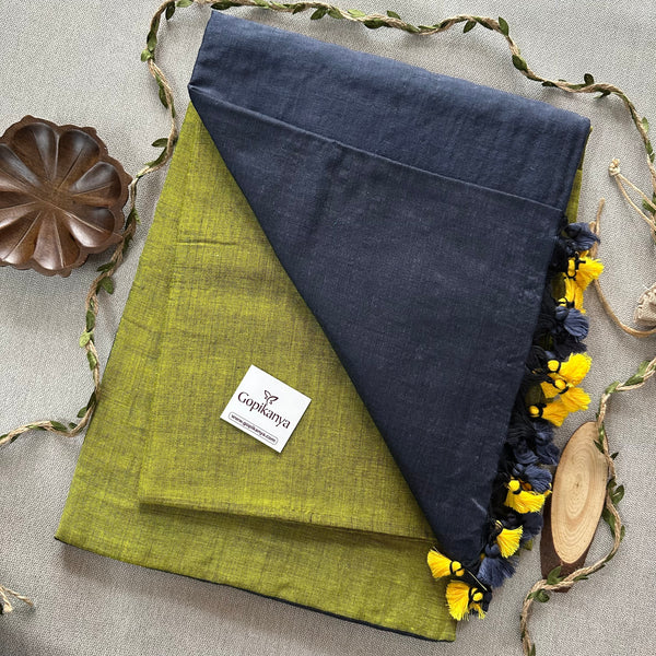 Dark Grey Nd Lemon Handloom Khadi Cotton Saree