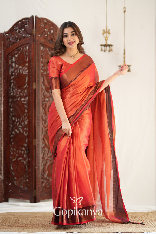 Gopikanya Orange Handloom Tissue Saree