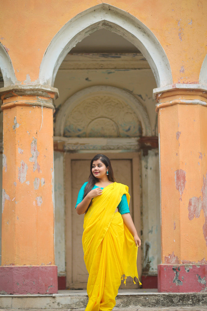 Yellow Khadi Cotton Saree - Gopi Kanya