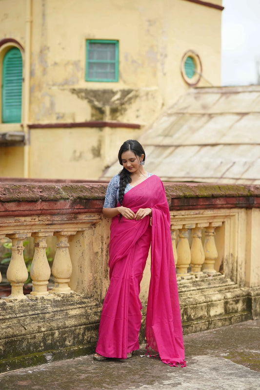 Dark Pink Cotton Saree With Blue Printed Blouse