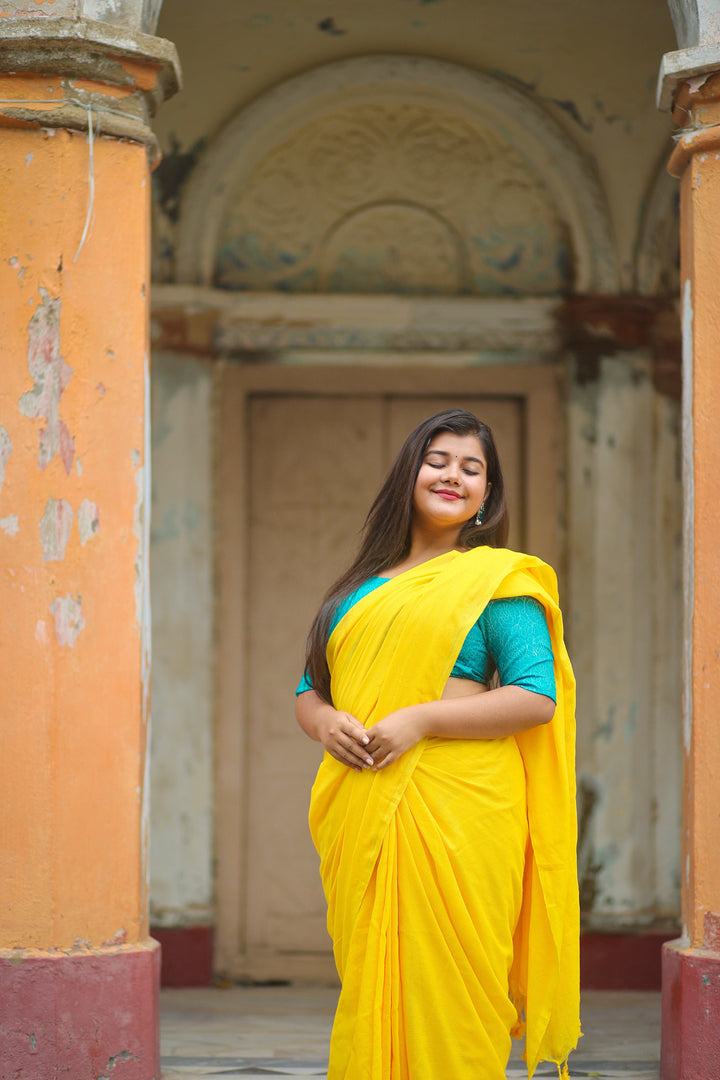 Yellow Khadi Cotton Saree - Gopi Kanya