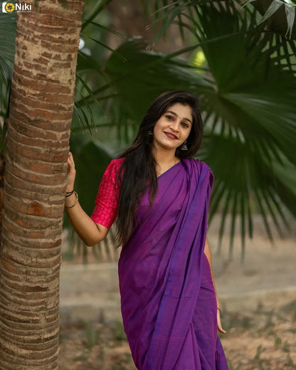 Purple Khadi Cotton Saree With Pink Printed Blouse