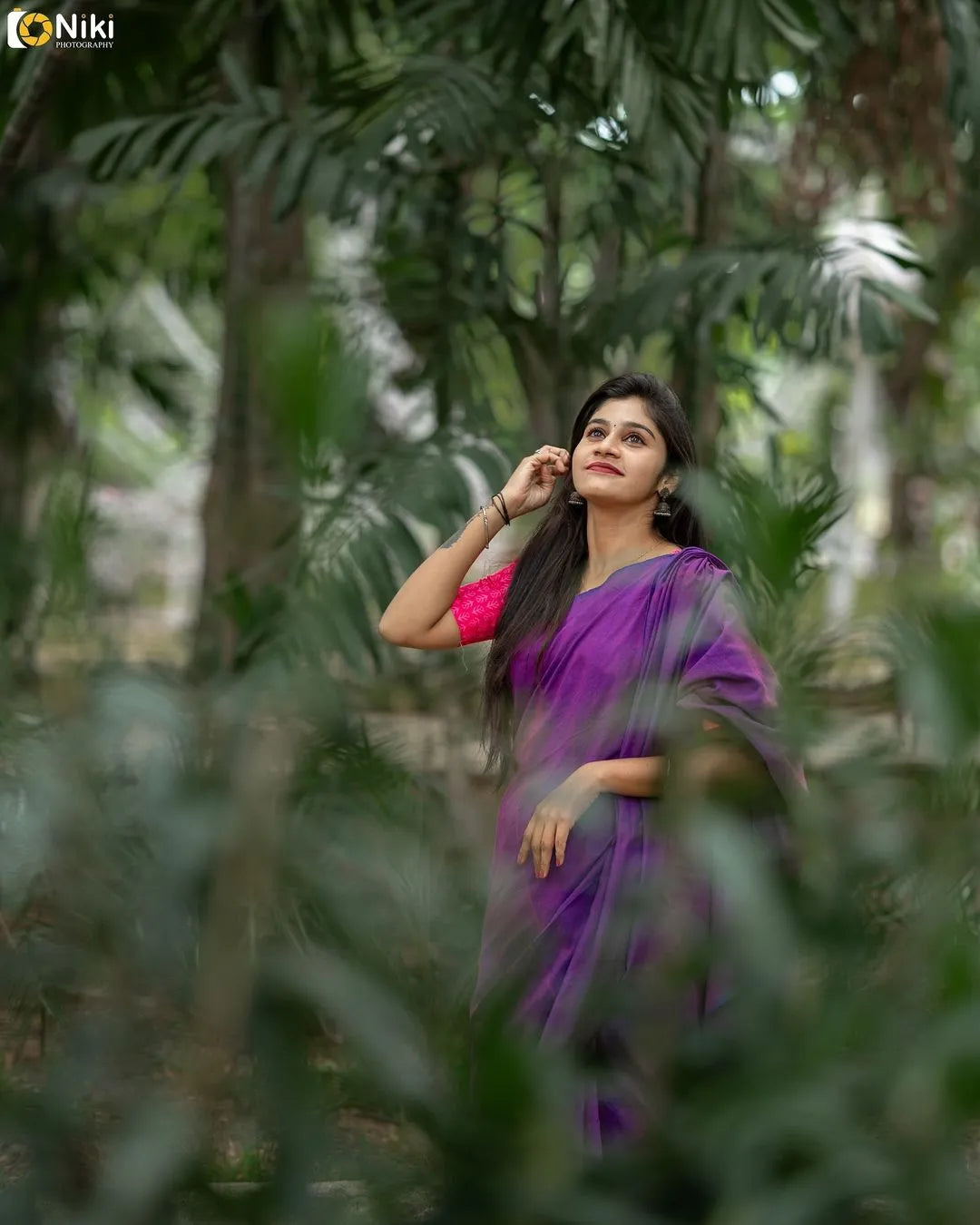 Purple Khadi Cotton Saree With Pink Printed Blouse