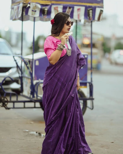 Purple Cotton Saree With Printed Blouse