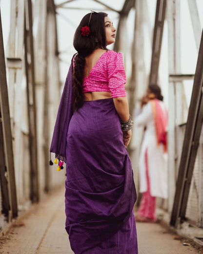 Purple Cotton Saree With Printed Blouse