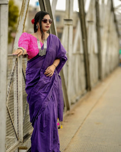 Purple Cotton Saree With Printed Blouse