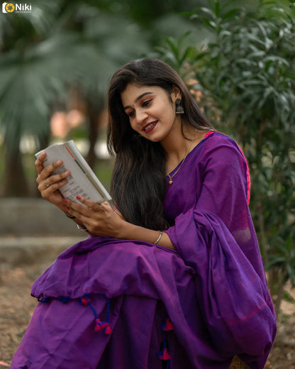 Purple Khadi Cotton Saree With Pink Printed Blouse