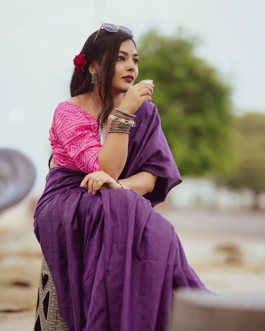 Purple Cotton Saree With Printed Blouse