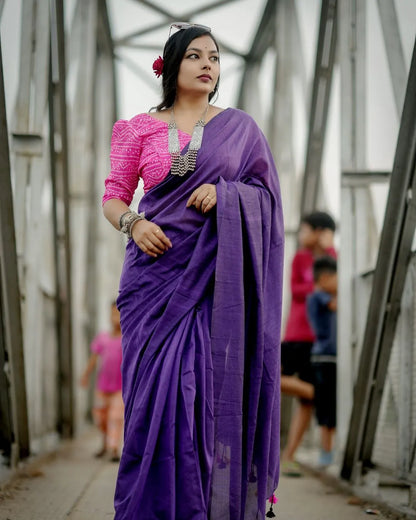 Purple Cotton Saree With Printed Blouse