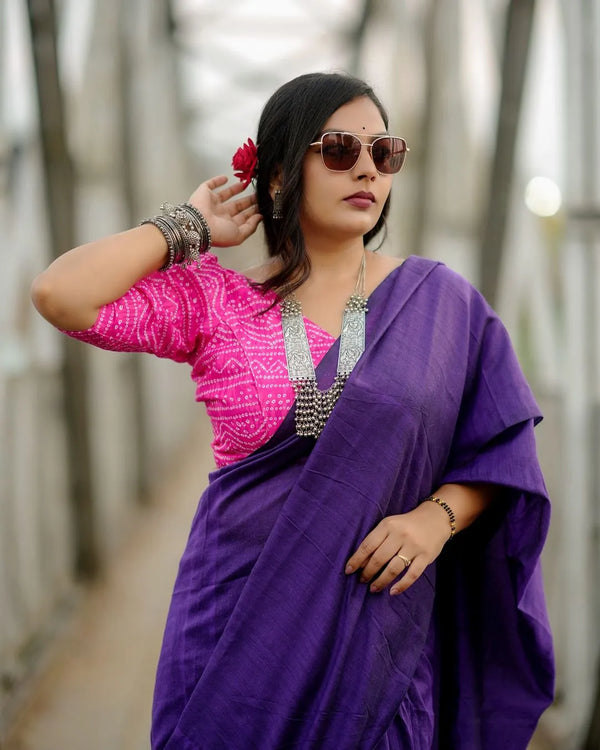 Purple Cotton Saree With Printed Blouse