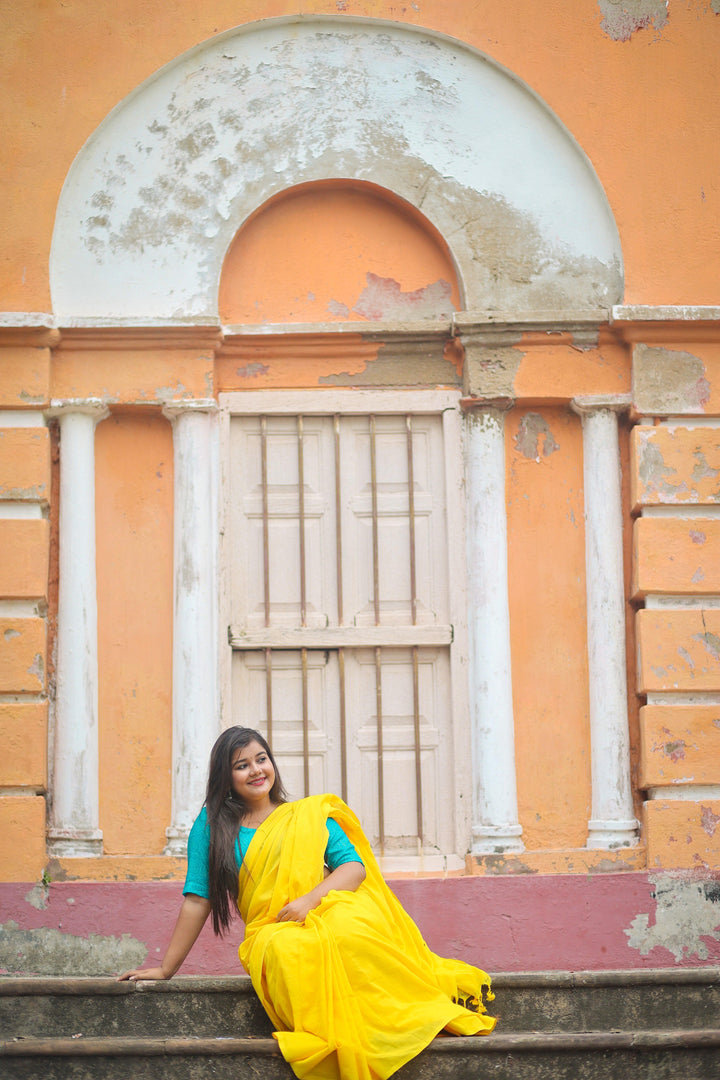 Yellow Khadi Cotton Saree - Gopi Kanya