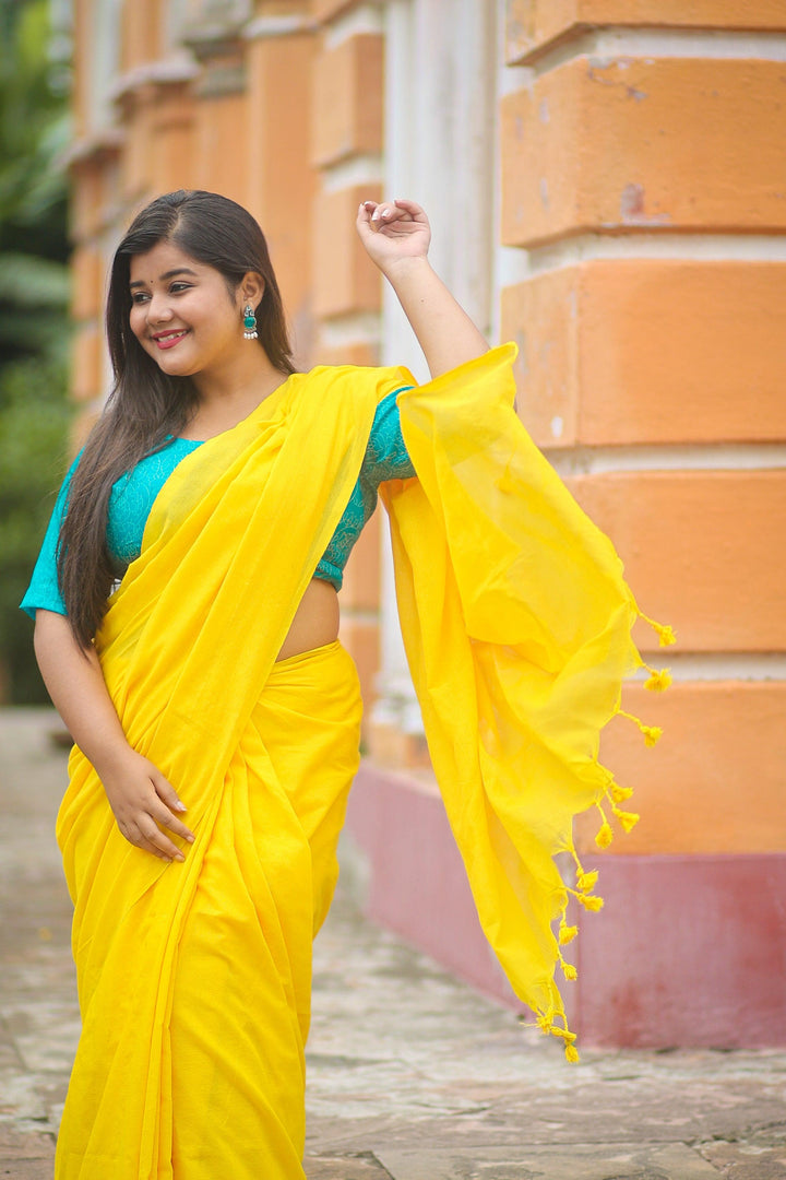 Yellow Khadi Cotton Saree - Gopi Kanya