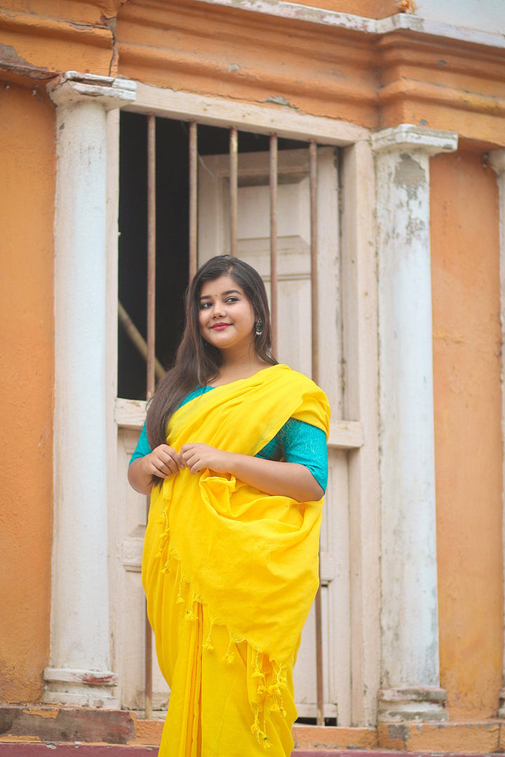 Yellow Khadi Cotton Saree - Gopi Kanya